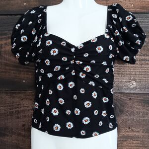 Black Sweetheart Neck Puff Sleeve Ditsy Floral Top Boho Chic Cottage Core Y2K